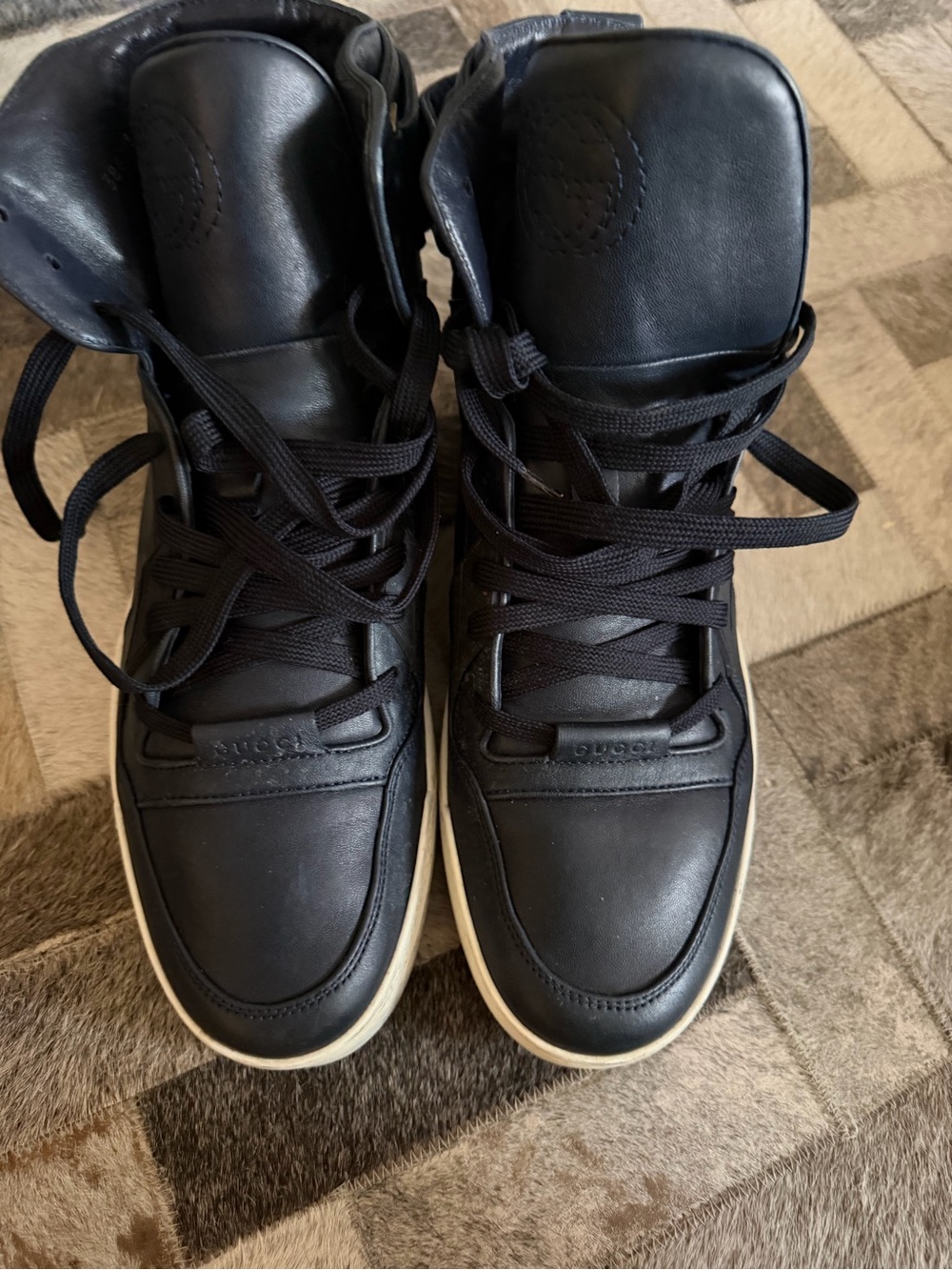 Gucci Black High-Top Leather Sneakers with Off-White Sole